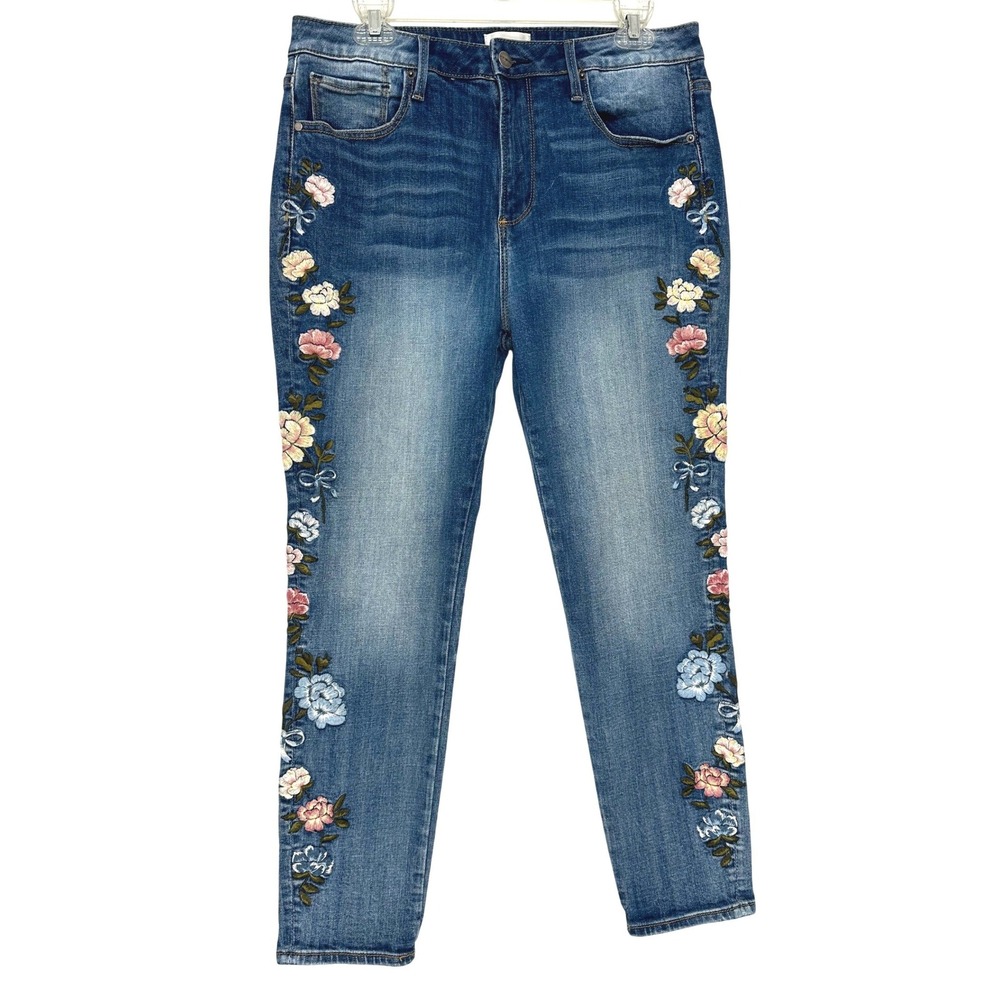 Driftwood Jackie High Rise Floral Embroidered Skinny Jeans Medium Wash 31x27 - Picture 2 of 9